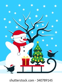 vector snowman and sledge with christmas tree and birds in snowy landscape