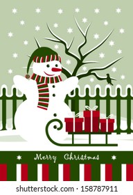 vector snowman and sledge with gifts in front of picket fence