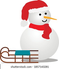 vector snowman with sledges. snowman with a red cap and a scarf with a carrot nose near the sled
