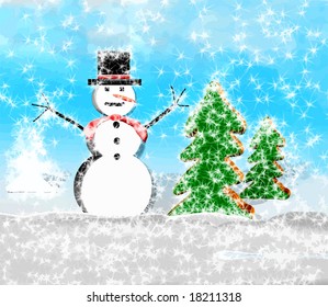 Vector Snowman Snowy Winter Scene