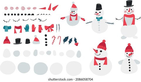 Vector snowman template, elements hat, carrot, scarf, candy cane, snow balls, eyes, mouth make own snowman, change faces. Set of characters.