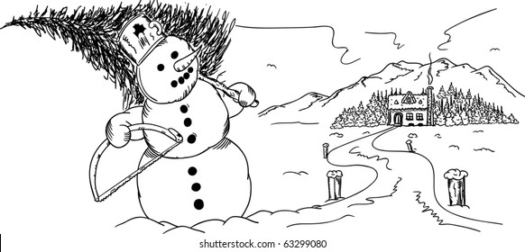 vector - snowman with tree and saw  at winter time