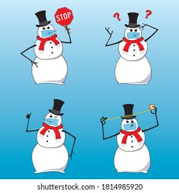 Vector Snowman Wearing Face Mask - Instructional Poses