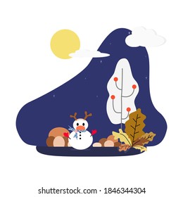 Vector - Snowman wearing face mask during Coronavirus pandemic with tree, moon, star on dark blue background. Merry Christmas and Happy new year concept. Cartoon design.