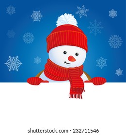 vector snowman wearing red knitted scarf and hat holding blank banner, blue winter background