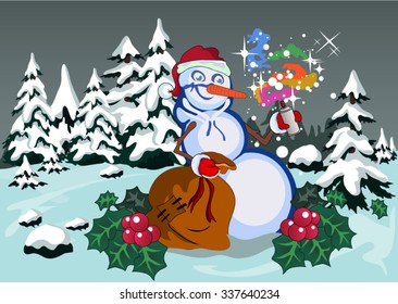 vector snowman with in the woods with gifts