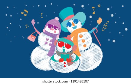 Vector of a snowman's family, singing Christmas carol under the snow. 