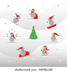Vector snowmen and Christmas tree. Winter sports for snowmen. New year card.