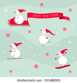 Vector snowmen and congratulatory banner. Winter sports for snowmen. New year card.