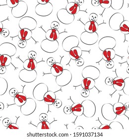 Vector Snowmen with Red Scarf on a White Background Seamless Repeat Pattern. Background for textiles, cards, manufacturing, wallpapers, print, gift wrap and scrapbooking.