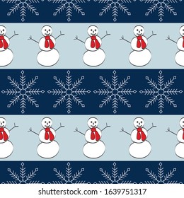 Vector Snowmen with Red Scarf and White Snow Flakes on a Blue Stripes Seamless Repeat Pattern. Background for textiles, cards, manufacturing, wallpapers, print, gift wrap and scrapbooking.