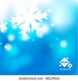 Vector snowy background. Winter Christmas blue blurred background with white snowflakes. Vector illustration