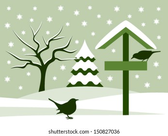 vector snowy bird table with birds