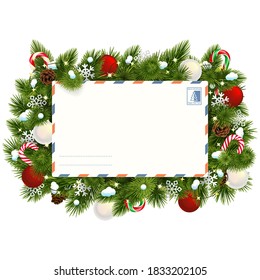 Vector Snowy Christmas Fir Branches with Postcard isolated on white background