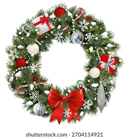Vetor Snowy Christmas Pine Fluffy Wreath isolado no fundo branco