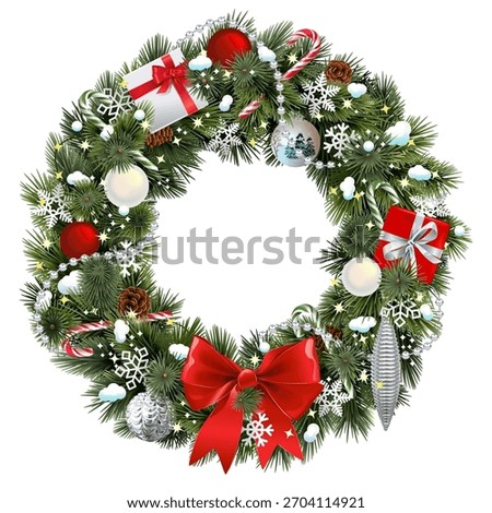 Vector Snowy Christmas Pine Fluffy Wreath isolated on white background