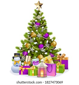 Vector Snowy Christmas Tree with Purple Decorations isolated on white background