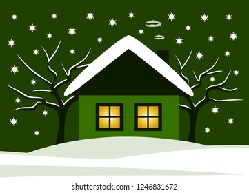 vector snowy cottage and trees in snowy garden