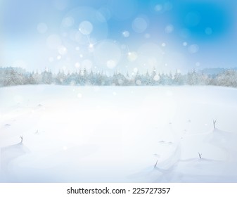 Vector snowy landscape with forest background.