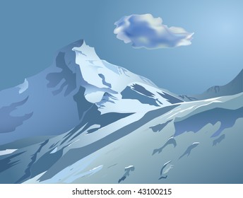 Vector snowy mountains with blue sky and cloud