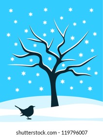 vector snowy tree and bird