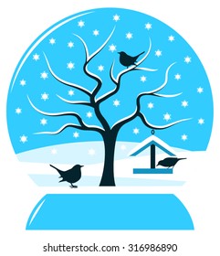 vector snowy tree with bird table and birds in snow globe