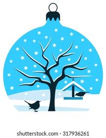 vector snowy tree with bird table and birds in christmas ball