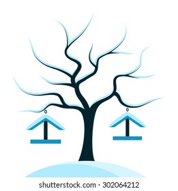 vector snowy tree with bird tables isolated on white background