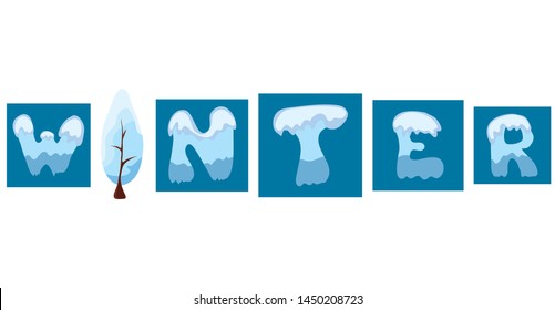 Vector snowy tree and letters forming the word winter. time of year