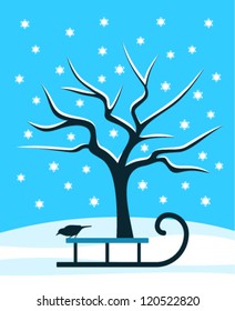 vector snowy tree and sledge with bird