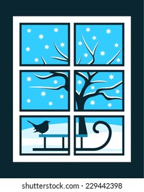 vector snowy tree and sledge with bird outside the window