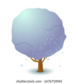 Vector snowy tree in winter. Game UI flat. Stylized drawing for logo design, decorating clothes, build 2D games or postcards. Isolated stock illustration on white background.