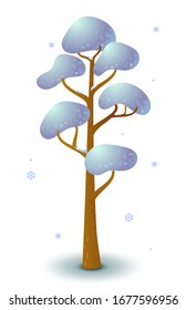 Vector snowy tree in winter. Game UI flat. Stylized drawing for logo design, decorating clothes, build 2D games or postcards. Isolated stock illustration on white background.