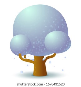 Vector snowy tree in winter. Game UI flat. Stylized drawing for logo design, decorating clothes, build 2D games or postcards. Isolated stock illustration on white background.