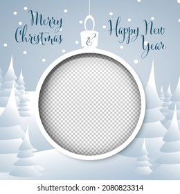 Tarjeta navideña de invierno nevada vectorial con marcador de posición de foto de familia de círculo - plantilla de diseño de tarjeta de navidad de familia modificable personalizable con paisaje nevado