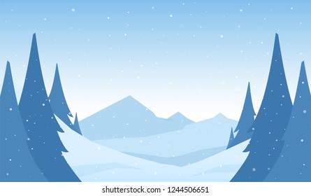Vector snowy winter mountains cartoon landscape with hills and pines on foreground