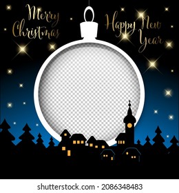 Vector snowy winter night Christmas card with circle family photo placeholder - customizable editable family christmas card layout template with snowy landscape