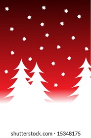 una escena vectorial de invierno nevado con árboles de navidad blancos en un terreno nevado con un cielo rojo estelar graduado