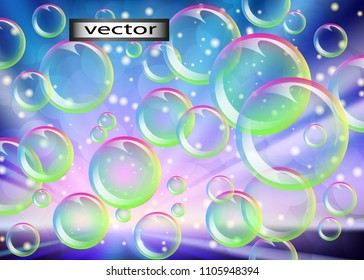 Vector. Soap balls, rainbow bubbles, light rays blue, green, shiny, colorful background for the holiday, glare, gradient lighting from holiday lights, flash of magic light.3D realistic illustrations