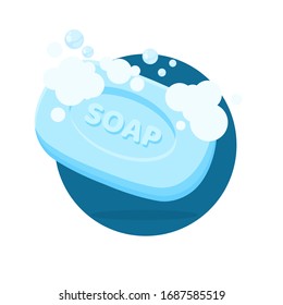 Vector soap. Blue soap bar with bubbles For cleaning hands from dirt and corona virus.