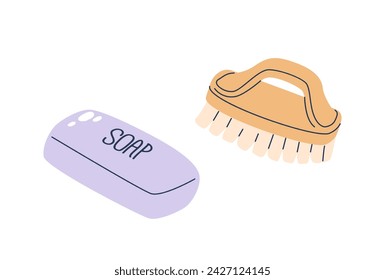 Jabón vectorial y cepillo de artículos aislados del hogar. Agente De Limpieza De Jabón Que Elimina La Suciedad Y La Grasa, Ilustración Vectorial