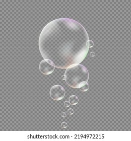 Vector soap bubble. Realistic soap bubble, glare. Foam bubbles. Powder, soap, detergent. Vector illustration.