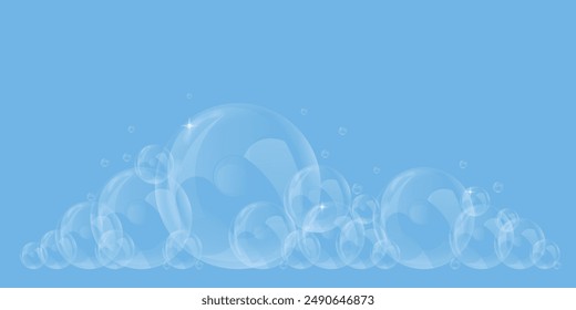 Vector soap bubble. Realistic soap bubble, glare. Foam bubbles. Powder and soap, detergent.