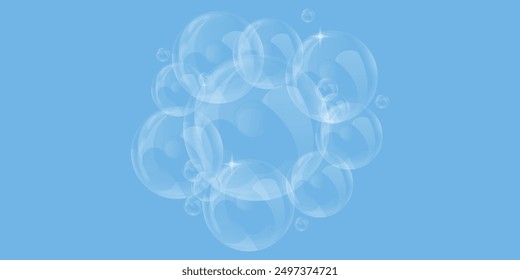 Vector soap bubble. Realistic soap bubble, glare. Foam bubbles. Powder and soap, detergent.