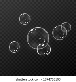 Vector soap bubble. Realistic soap bubble png, glare. Foam bubbles png. Powder, soap, detergent. Vector image.