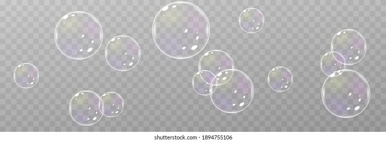 Vector soap bubble. Realistic soap bubble png, glare. Foam bubbles png. Powder, soap, detergent. Vector image.