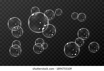 Vector soap bubble. Realistic soap bubble png, glare. Foam bubbles png. Powder, soap, detergent. Vector image.