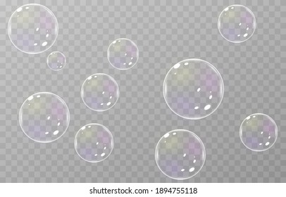 Vector soap bubble. Realistic soap bubble png, glare. Foam bubbles png. Powder, soap, detergent. Vector image.