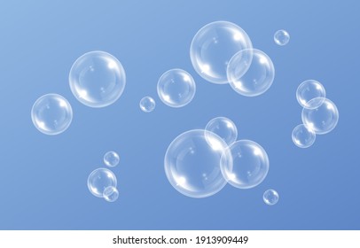 Vector soap bubble. Realistic soap bubble png, glare. Foam bubbles png. Powder, soap, detergent. Vector image.