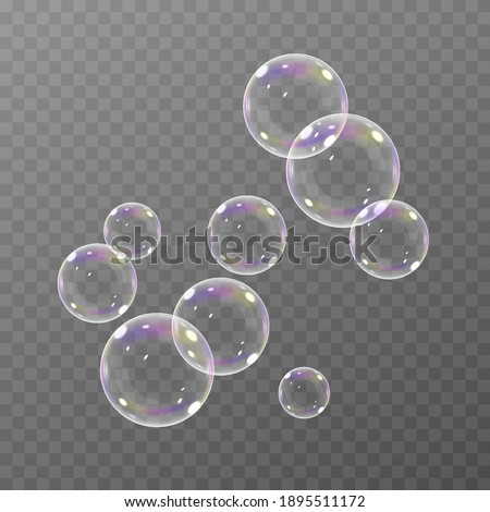 Vector soap bubble. Realistic soap bubble png, glare. Foam bubbles png. Powder, soap, detergent. Vector image.